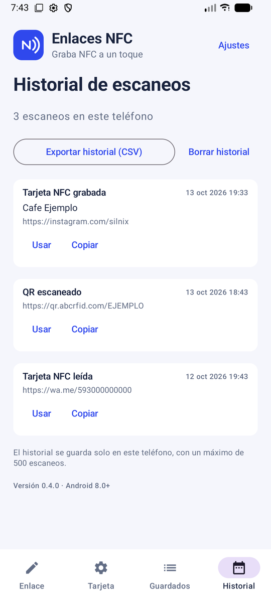 Enlaces NFC · Historial